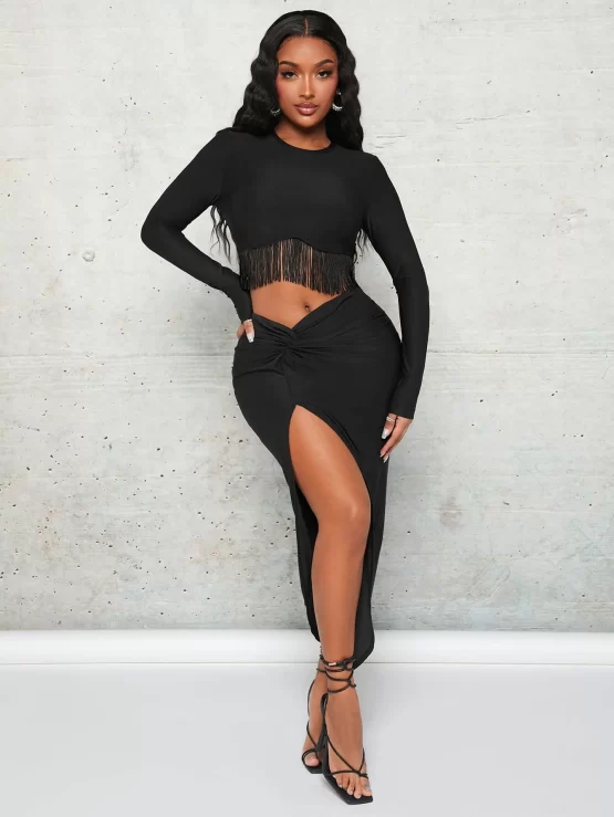 Solid Fringe Hem Crop Tee & Twist Front Split Thigh Skirt