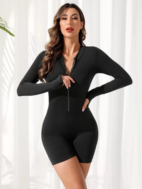 Half Zipper Collar Thumb Holes Sports Romper