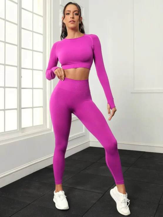 Seamless Raglan Sleeve Thumbholes Top-stitching Crop Sports Tee & Leggings