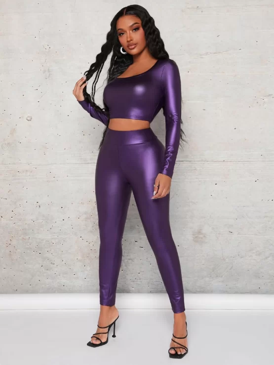 Scoop Neck PU Leather Crop Top & Leggings