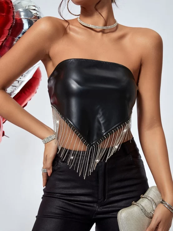 Rhinestone Fringe Trim PU Tube Crop Top