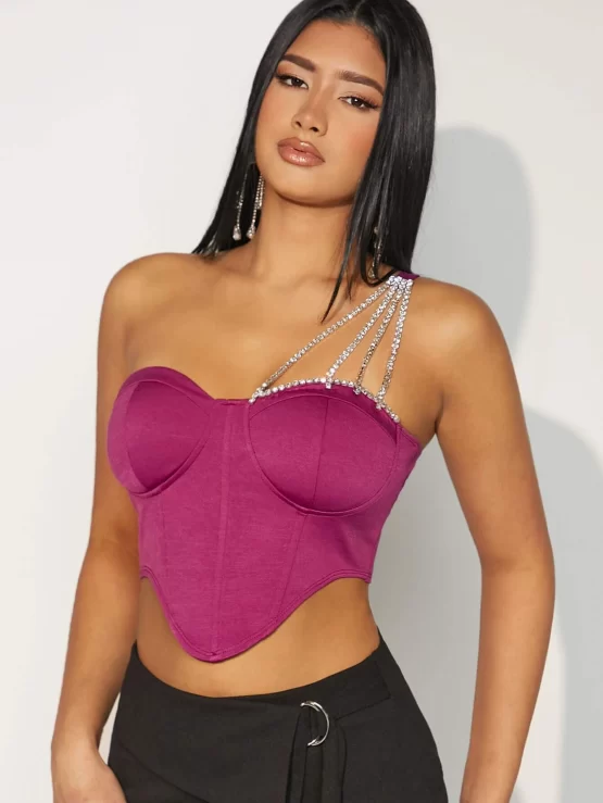 Rhinestone Chain Detail Asymmetrical Hem Bustier Crop Top