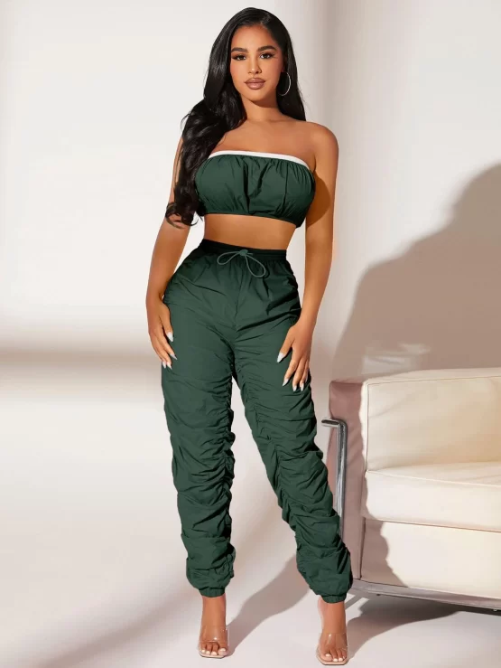 Contrast Trim Crop Tube Top & Stacked Pants Set