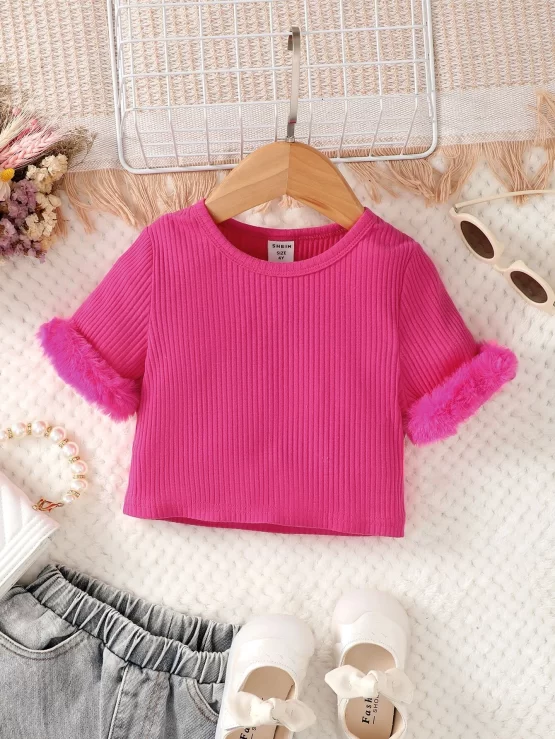 Toddler Girls Contrast Fuzzy Cuff Crop Tee