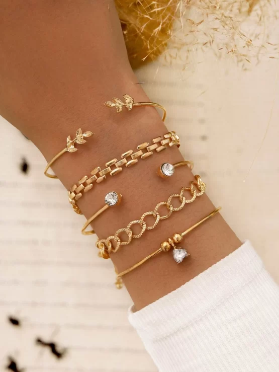 Five Pieces Rhinestone Leaf Decor Bracelet