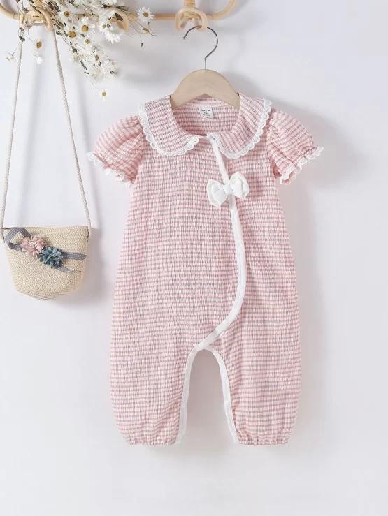 Baby Gingham Print Peter Pan Collar Bow Front Puff Sleeve Jumpsuit
