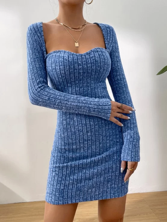 EZwear Sweetheart Neck Ribbed Knit Bodycon Dress