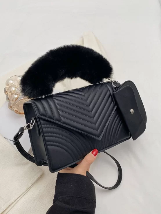 Quilted Fuzzy Panel Flap Square Bag With Coin Purse