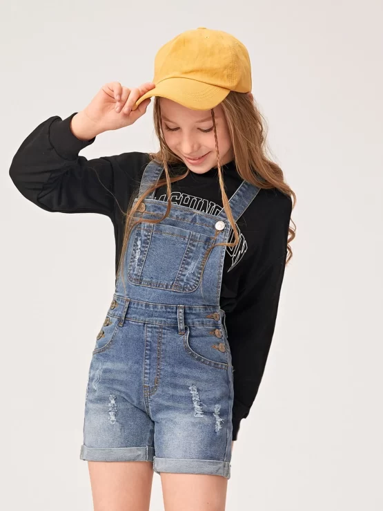 Girls Ripped Roll Up Hem Denim Overall Romper