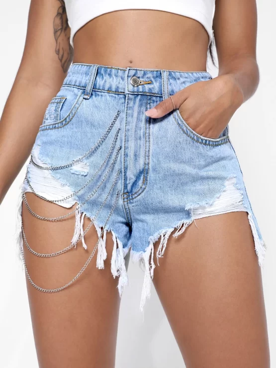 Ripped Raw Cut Chain Detail Denim Shorts