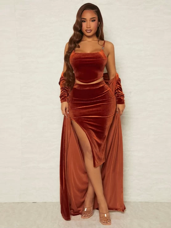 Velvet Cami Top & Split Thigh Skirt & Open Front Coat