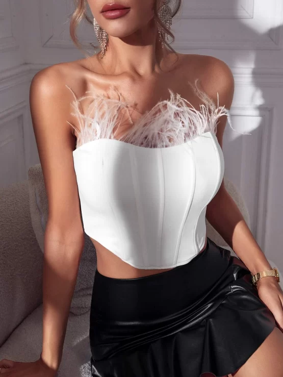 BAE Fuzzy Trim Contrast Faux Fur Tube Crop Top