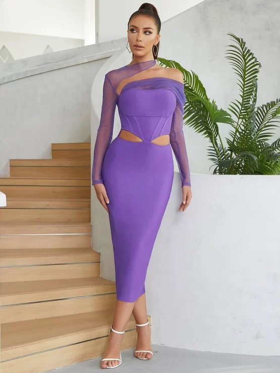 Contrast Mesh Cut Out Split Thigh Bodycon Dress