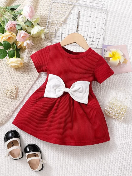 Baby A Line Rib Knit Bow Front Mesh Dress