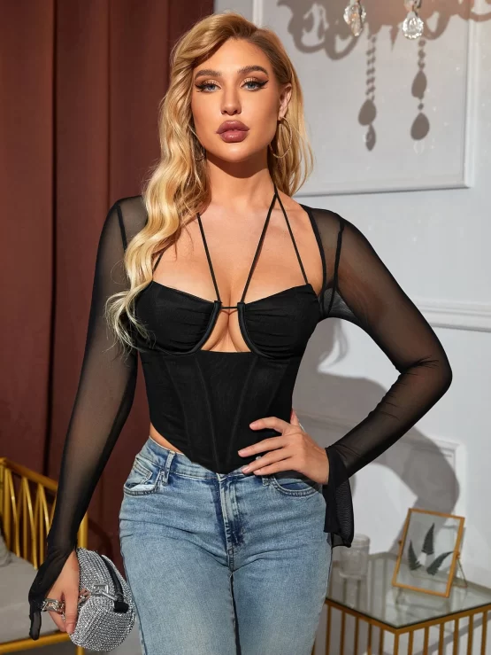 PARTHEA Tie Back Split Cuff Ruched Mesh Corset Halter Top