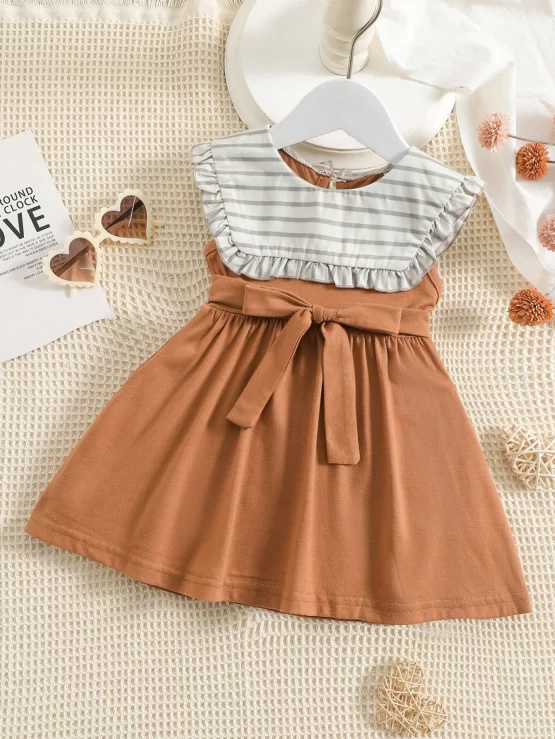 Baby A Line Striped Print Ruffle Trim Dress