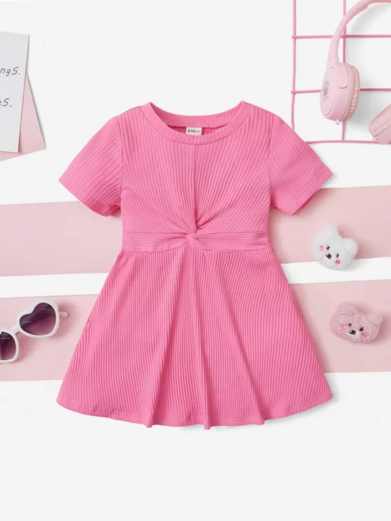 Baby A Line Ribbed Knit Twist Front Trim Dress