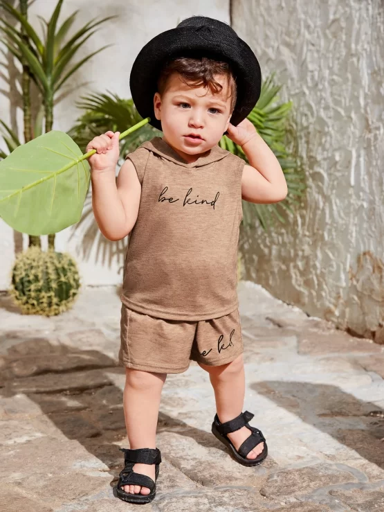 Baby Letter Graphic Hooded Tank Top & Shorts