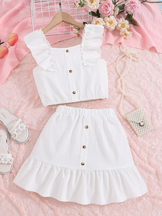 Girls Ruffle Hem Button Trim Top & Skirt