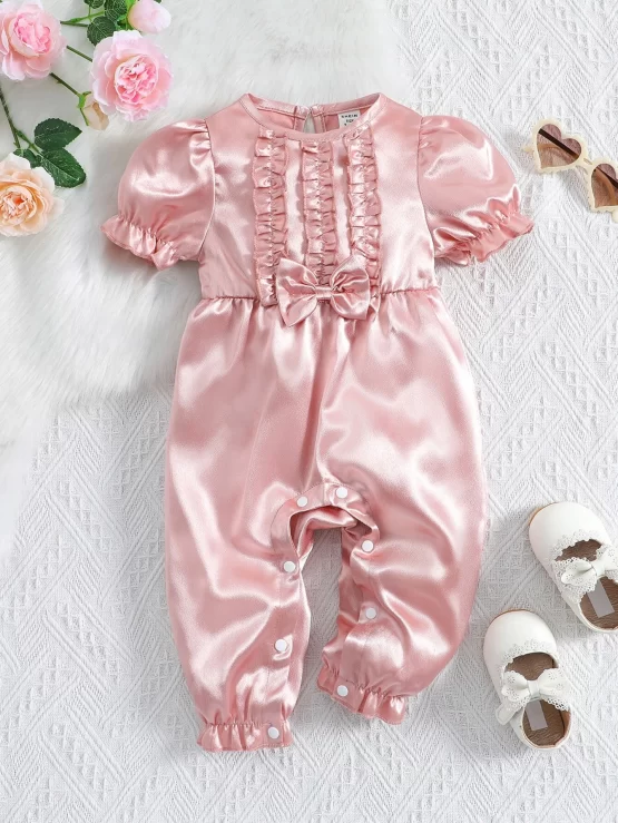 Baby Frill Trim Puff Sleeve Bow Ruffle Trim Front Jumpsuit