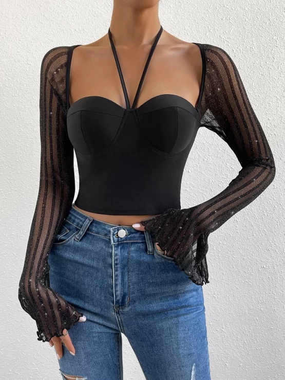 Contrast Mesh Tie Back Flounce Sleeve Crop Top