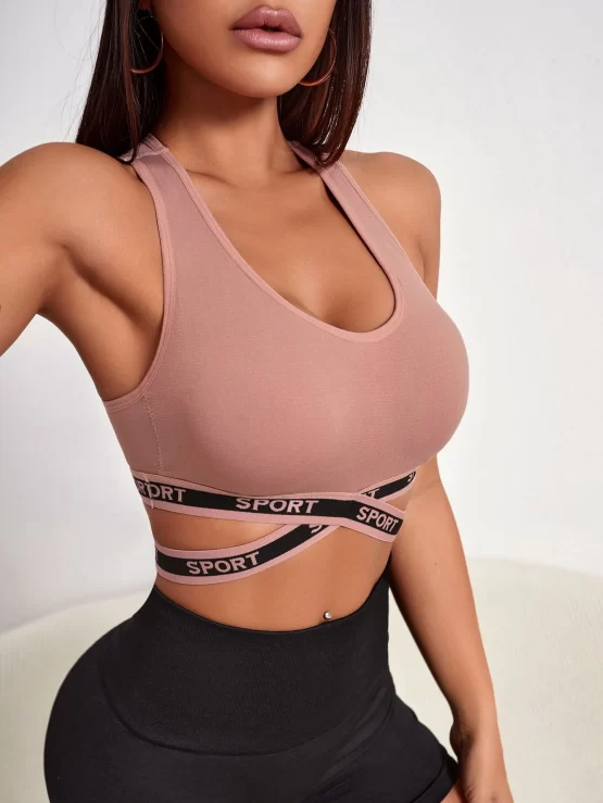 Letter Tape Panel Cut Out Criss Cross Sports Bra