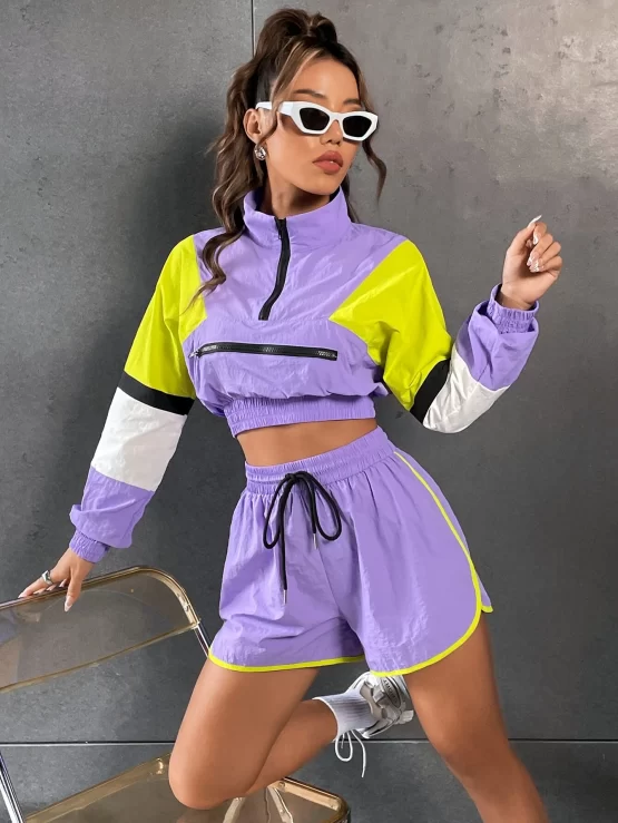 Color Block Half Zip Sweatshirt & Drawstring Waist Shorts