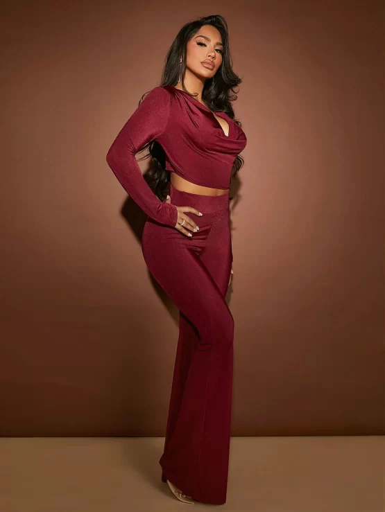 Cowl Neck Crop Top & Flare Leg Pants Set