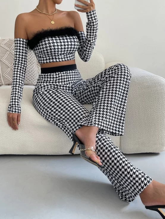 Houndstooth Fuzzy Trim Crop Tube Top & Pants & Arm Sleeves