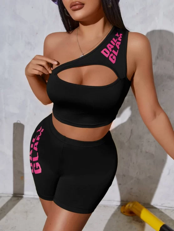 Letter Graphic One Shoulder Cut Out Crop Top & Biker Shorts