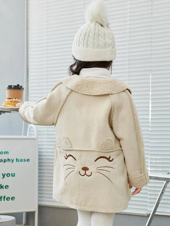 Toddler Girls Cartoon Graphic Raglan Sleeve Teddy Lined Button Coat