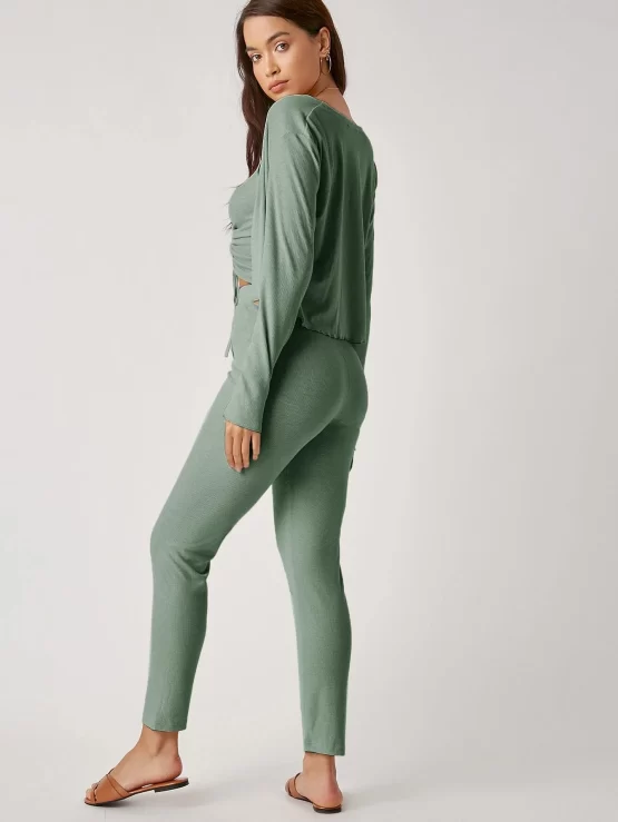 Unity Drawstring Knot Ruched Cami Top & Leggings Set With Coat - Image 2