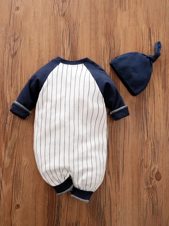 Yierying Baby Boy Button Front Striped & Letter Graphic Jumpsuit - Image 2