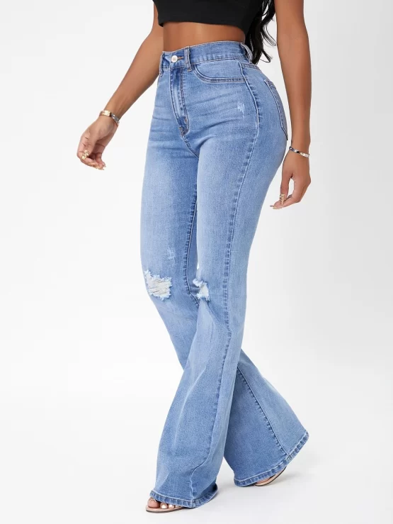 High Waist Zipper Fly Ripped Flared Leg Jeans - Image 3