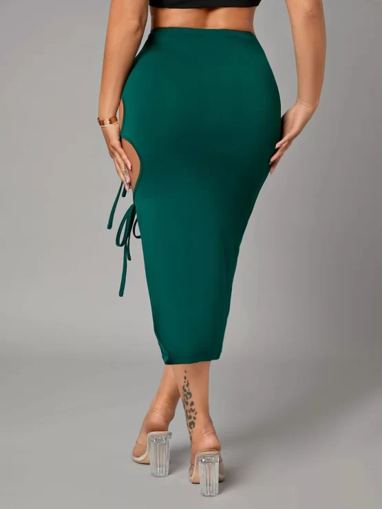 Solid Sexy Tie Side Pencil Split Thigh Skirt - Image 2