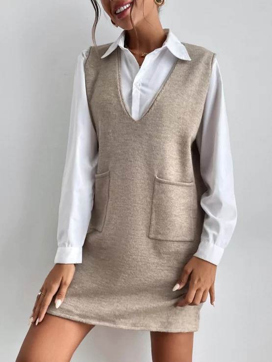 Dual Pocket Sleeveless Sweater Dress Without Blouse - Image 3