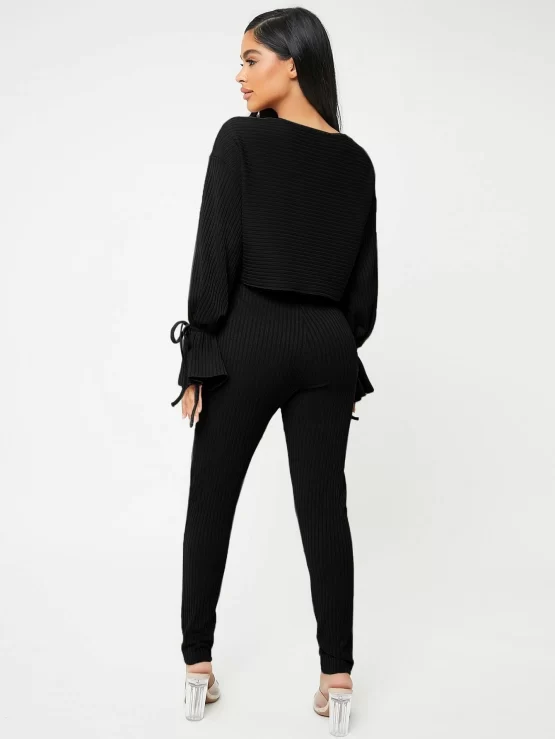 Knot Cuff Plain Rib Knit Tee & Leggings - Image 2
