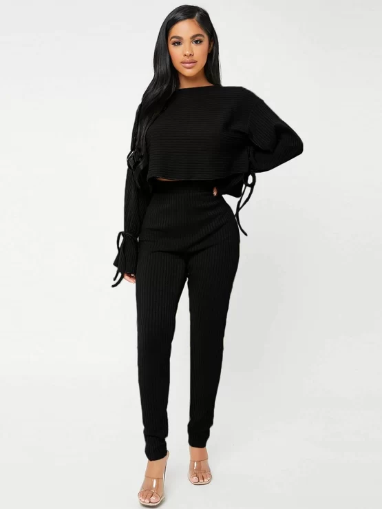 Knot Cuff Plain Rib Knit Tee & Leggings - Image 3