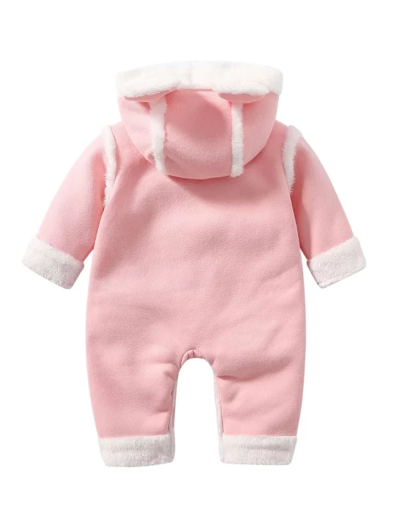 Baby Fuzzy Pocket Zipper Up Hooded Front Jumpsuit With Ears - Image 3