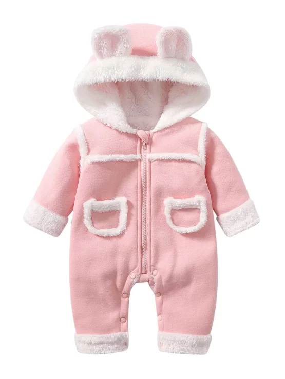 Baby Fuzzy Pocket Zipper Up Hooded Front Jumpsuit With Ears - Image 2