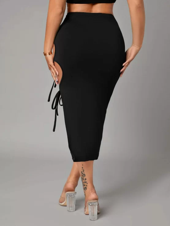 Solid Sexy Tie Side Pencil Split Thigh Skirt - Image 5