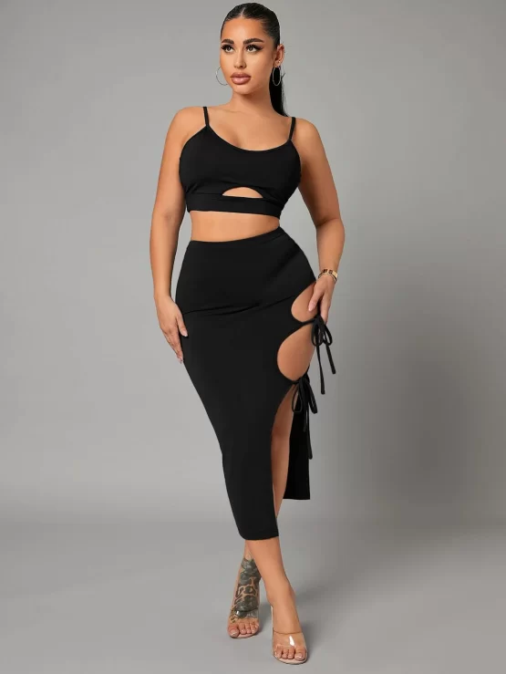 Solid Sexy Tie Side Pencil Split Thigh Skirt - Image 4