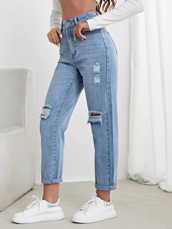 Light Wash Mom Fit Ripped High Waist Jeans - Image 2