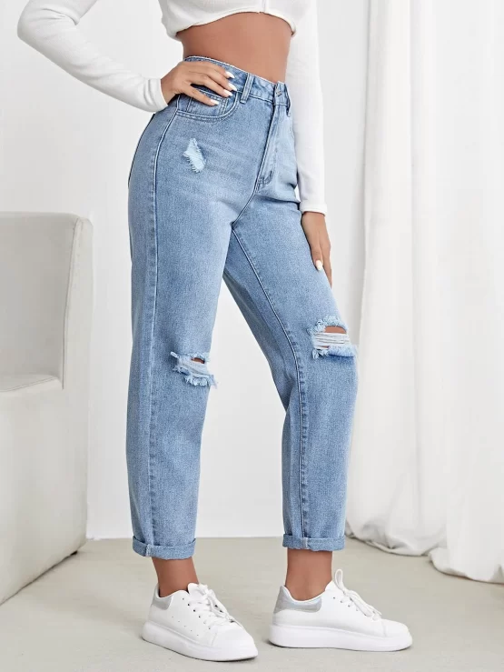 Light Wash Mom Fit Ripped High Waist Jeans - Image 3