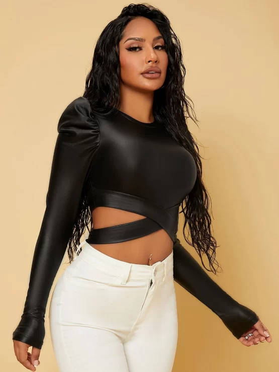 Gigot Sleeve Criss Cross Peekaboo Front Crop Tee - Image 3