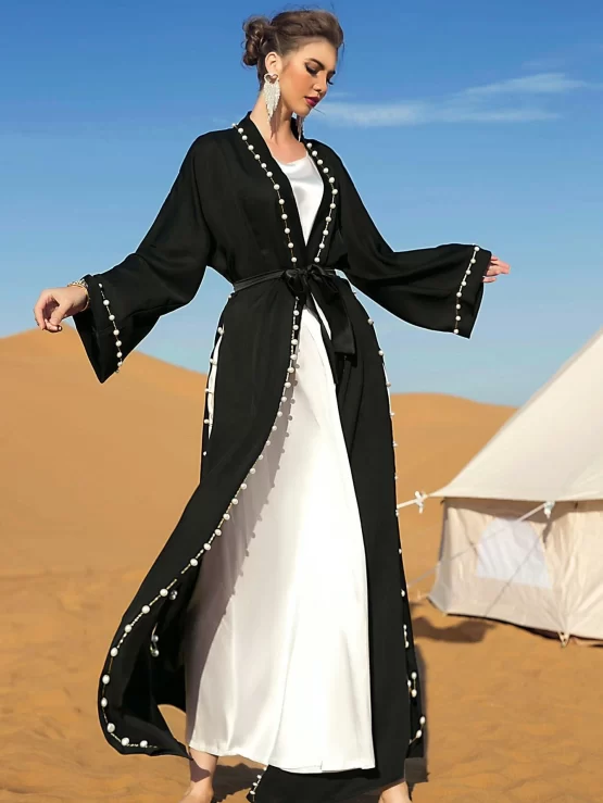 Najma One Piece Pearl Beaded Belted Abaya - Image 3