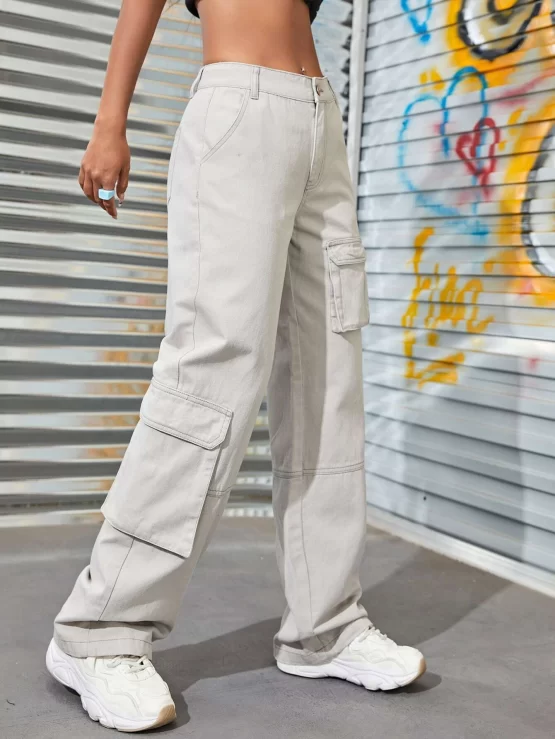 Solid Zipper Fly Long Wide Cargo Leg Jeans - Image 2