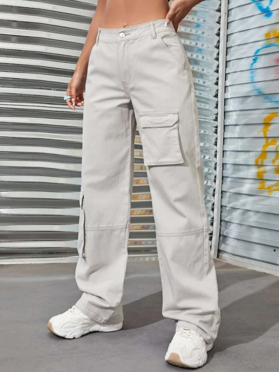 Solid Zipper Fly Long Wide Cargo Leg Jeans - Image 3