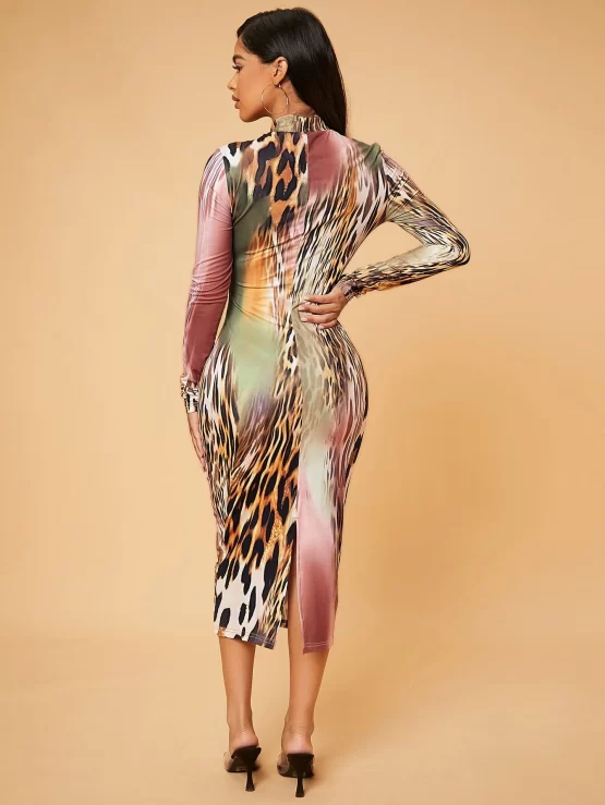 Leopard Print Sleeve Split Back Bodycon Dress - Image 2