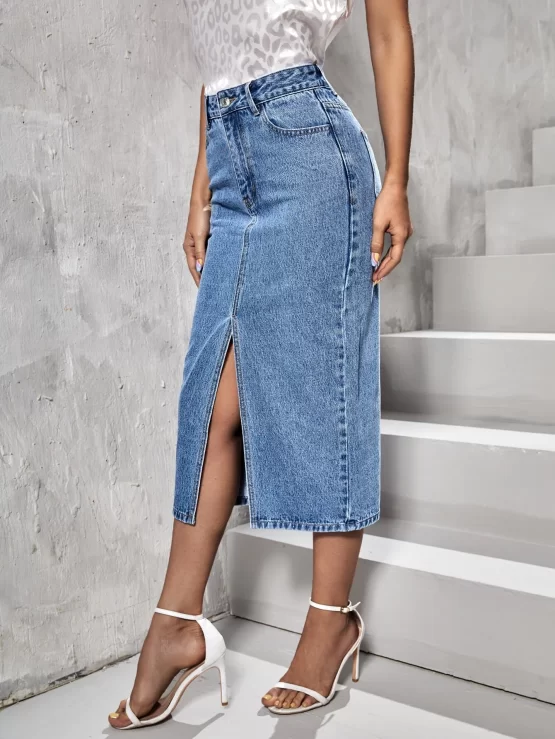 High Waist Split Button Hem Denim Skirt - Image 2